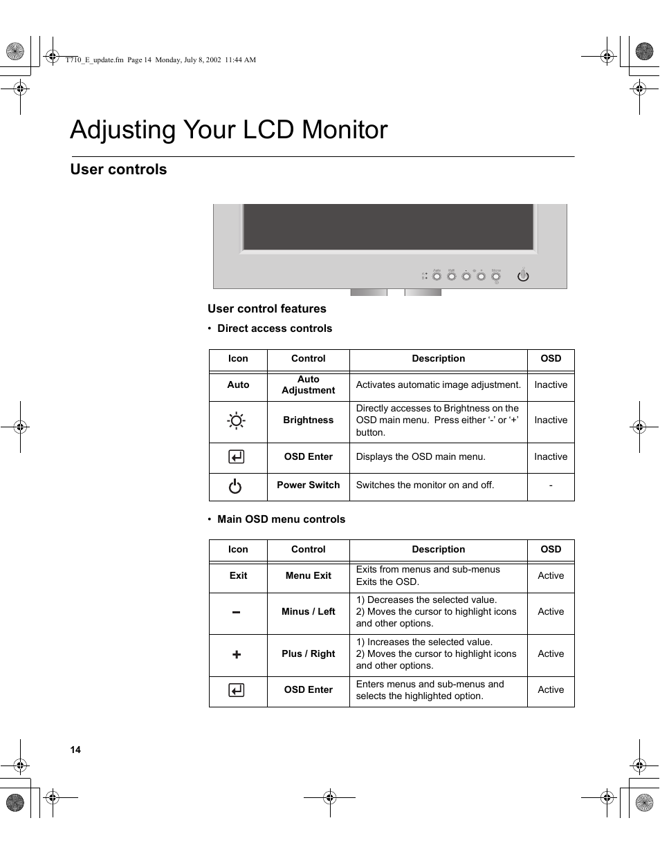 Adjusting your lcd monitor, User controls | Sunbeam FP7820 User Manual | Page 16 / 31