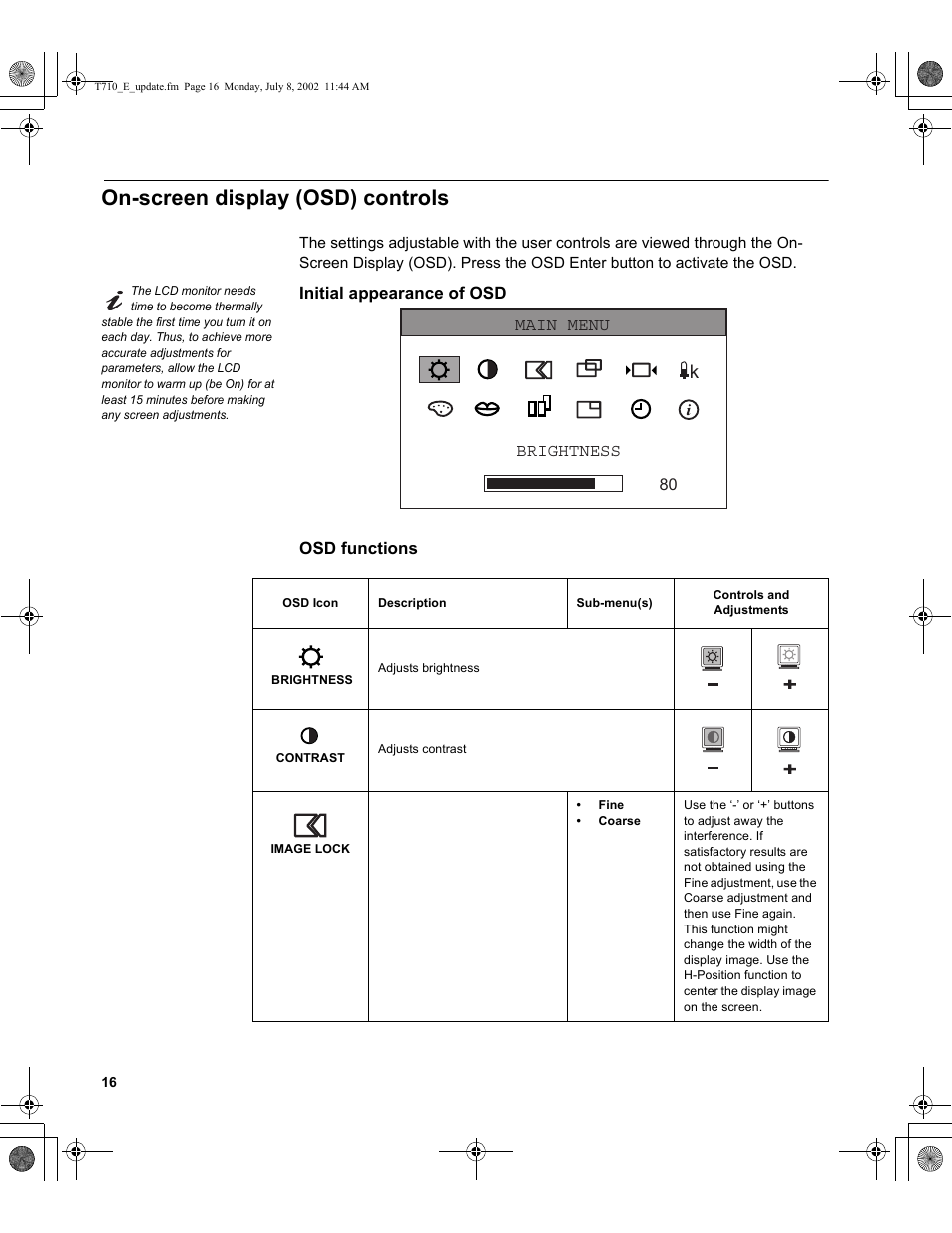 On-screen display (osd) controls | Sunbeam FP7820 User Manual | Page 18 / 31