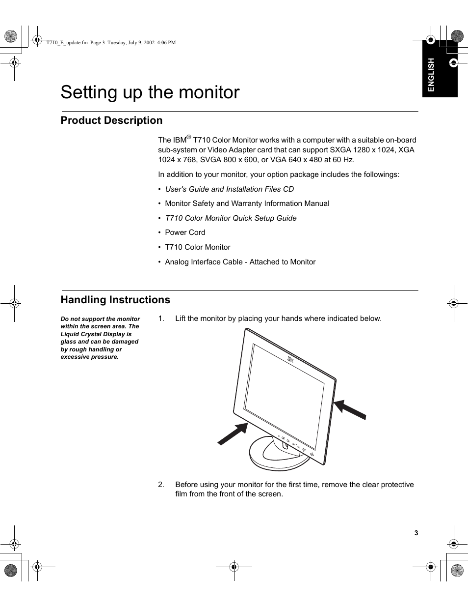 Setting up the monitor, Product description, Handling instructions | Sunbeam FP7820 User Manual | Page 5 / 31