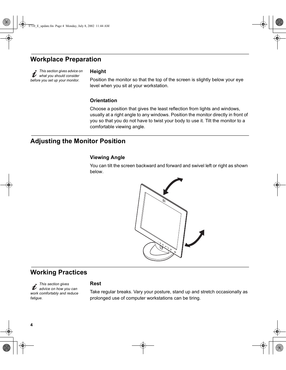 Workplace preparation, Adjusting the monitor position, Working practices | Sunbeam FP7820 User Manual | Page 6 / 31