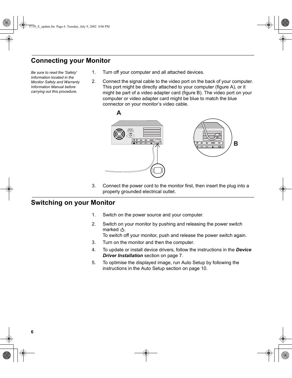 Connecting your monitor, Switching on your monitor | Sunbeam FP7820 User Manual | Page 8 / 31