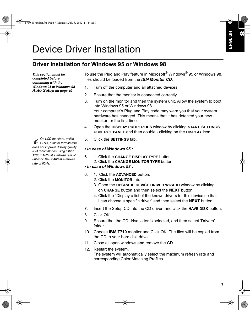 Device driver installation, Driver installation for windows 95 or windows 98 | Sunbeam FP7820 User Manual | Page 9 / 31
