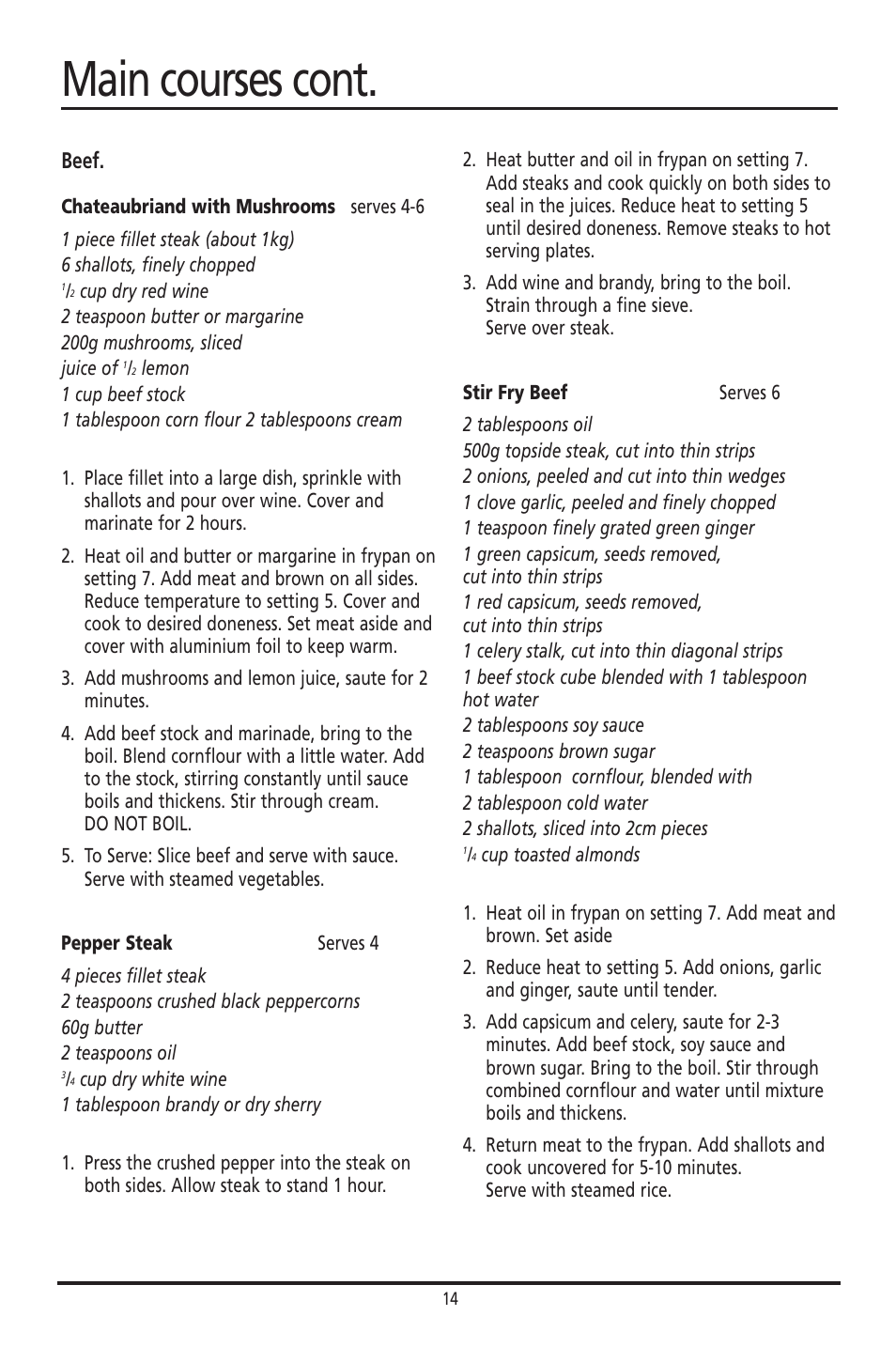 Main courses cont, Beef | Sunbeam FP8600 User Manual | Page 14 / 21