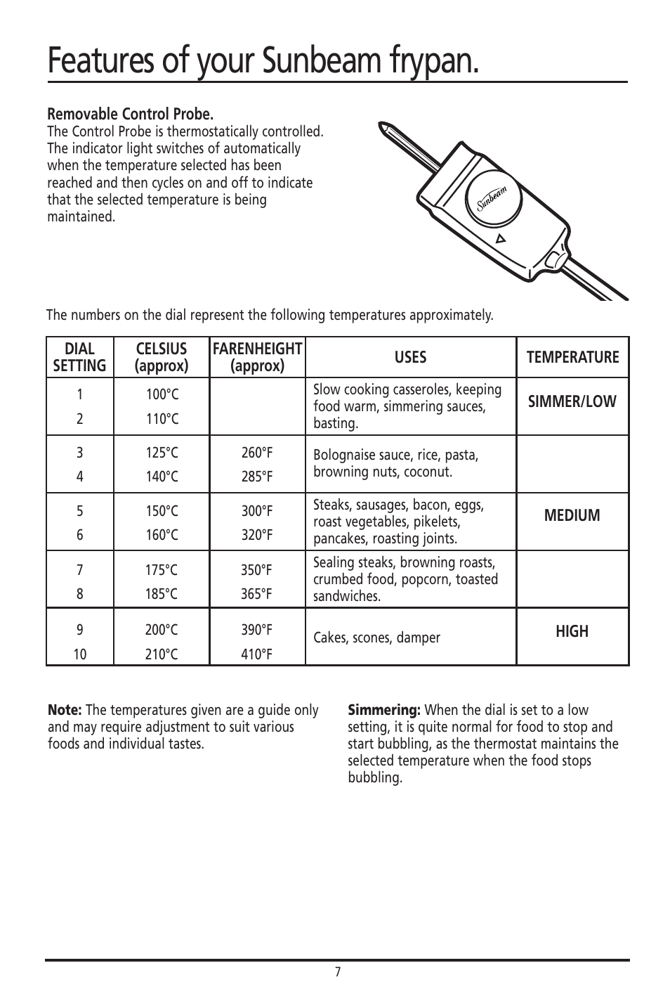 Features of your sunbeam frypan, Removable control probe, Simmer/low medium high | Sunbeam FP8600 User Manual | Page 7 / 21