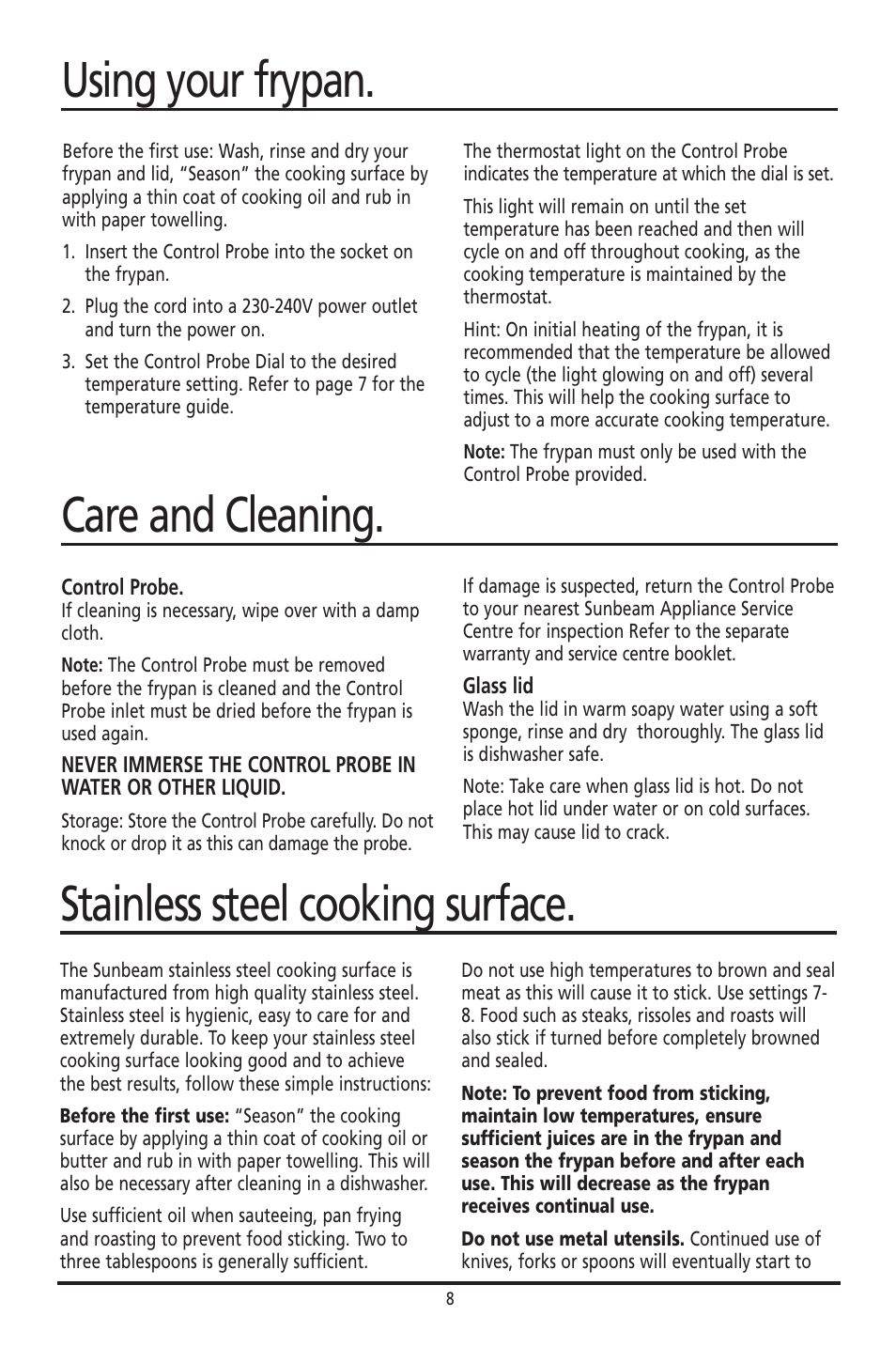 Stainless steel cooking surface, Care and cleaning, Using your frypan | Sunbeam FP8600 User Manual | Page 8 / 21