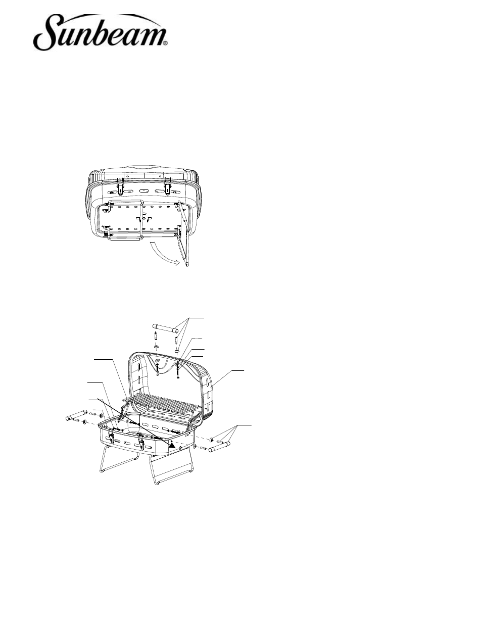 Owner’s manual, model bc1912g portable gas grill, Assembly instructions, Step 1 unfold legs from bottom of unit | Sunbeam BC1912G User Manual | Page 6 / 14