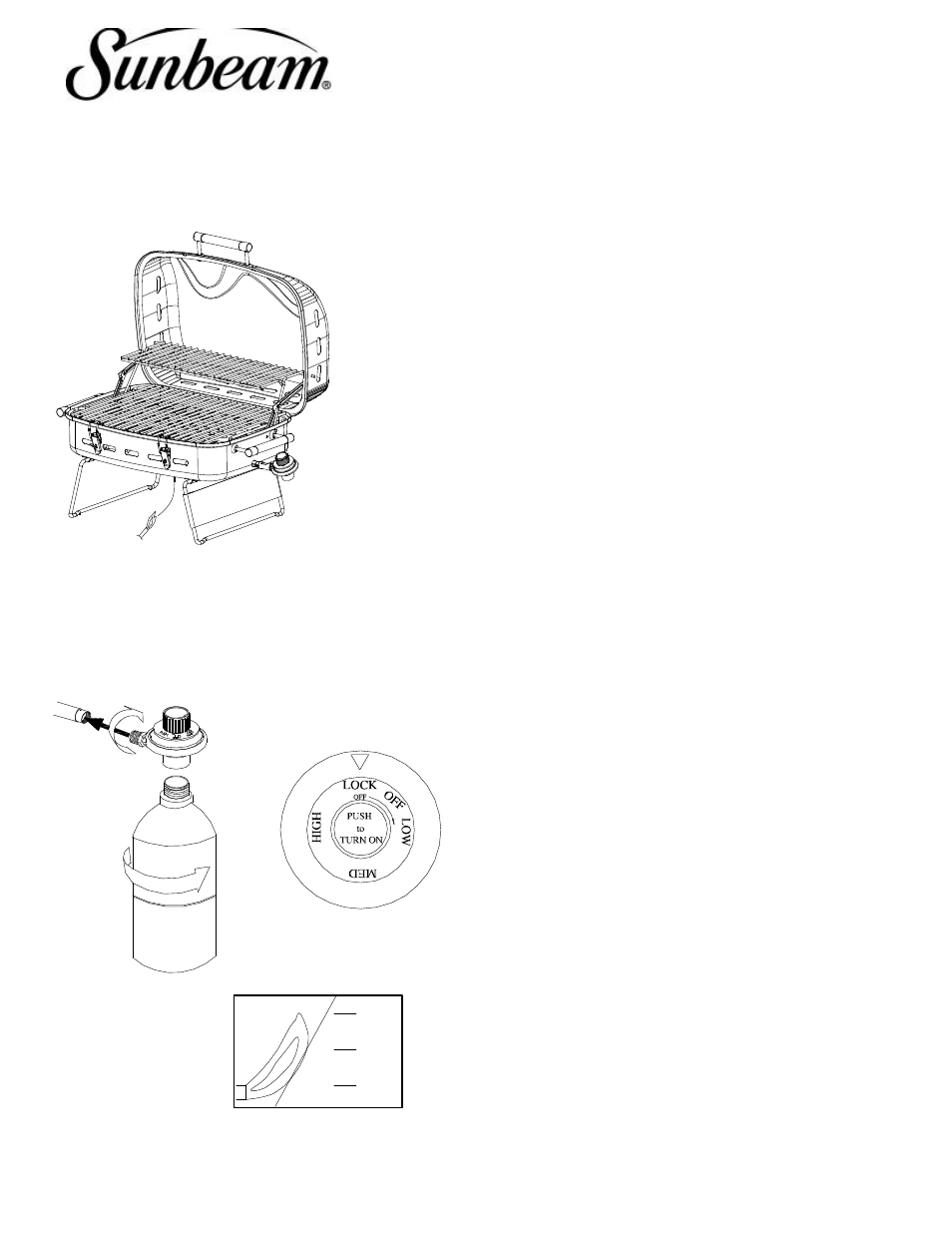 Owner’s manual, model bc1912g portable gas grill, Lighting your grill | Sunbeam BC1912G User Manual | Page 9 / 14