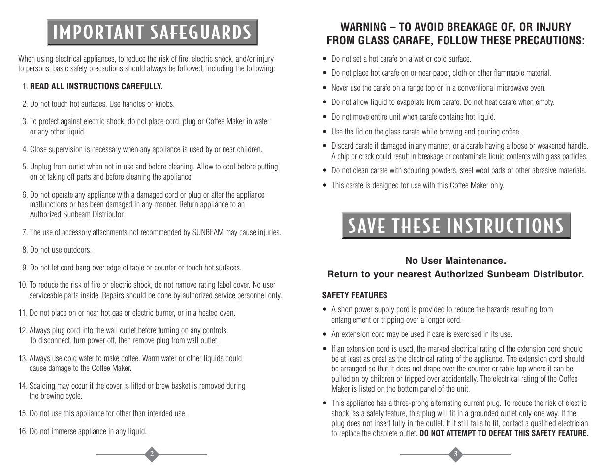 Important safeguards save these instruc tions | Sunbeam 3225 User Manual | Page 2 / 16