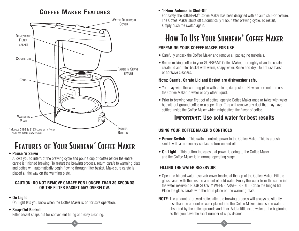Eatures of, Unbeam, Offee | Aker, Use cold water for best results | Sunbeam 3225 User Manual | Page 3 / 16