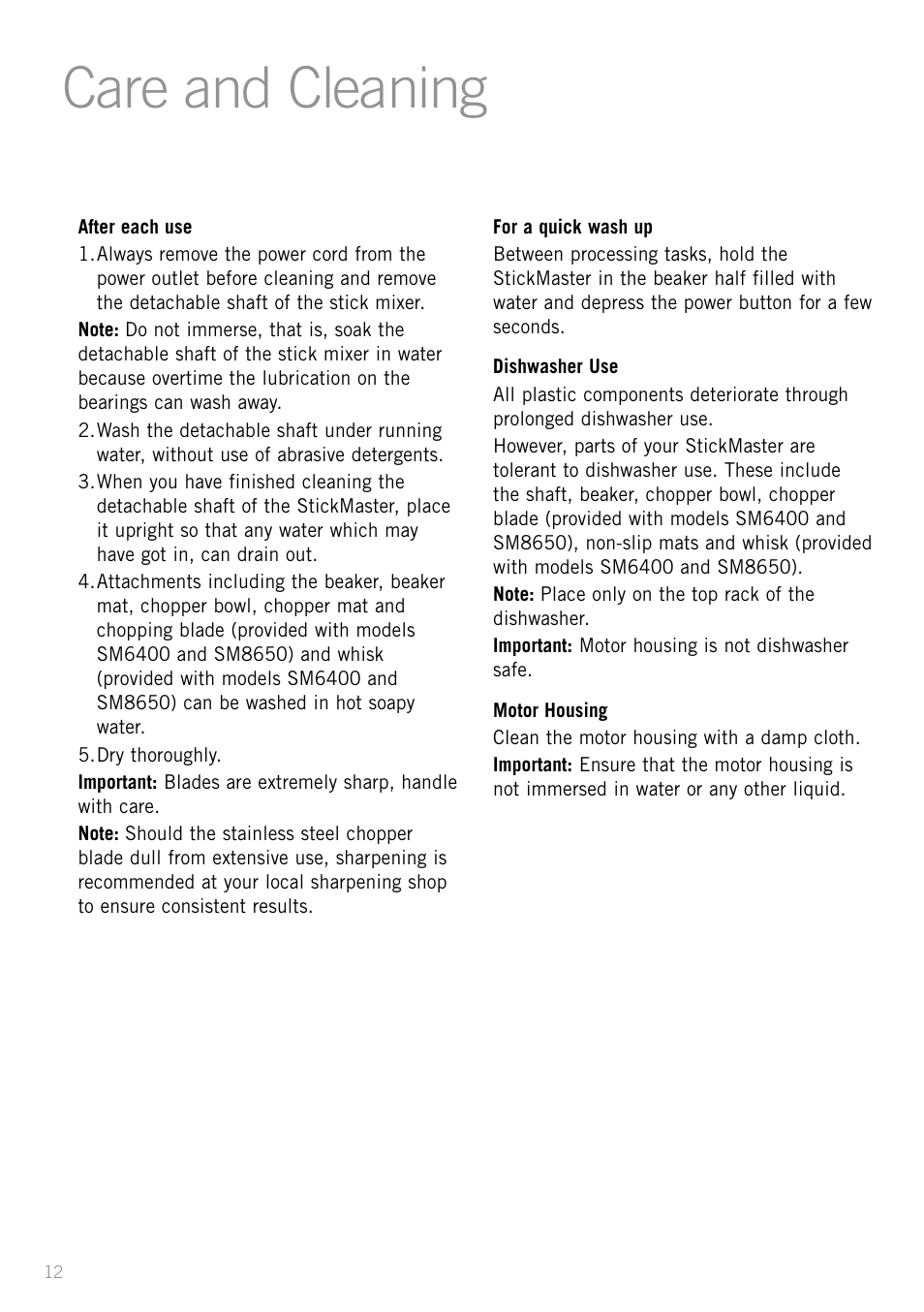 Care and cleaning, Heading | Sunbeam SM8650 User Manual | Page 14 / 25