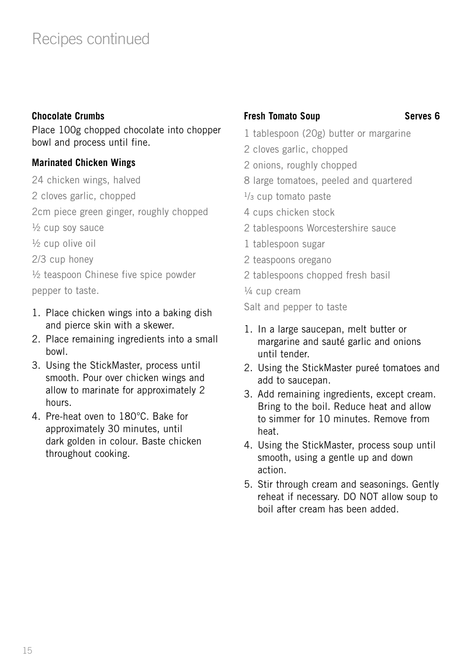 Heading, Recipes continued | Sunbeam SM8650 User Manual | Page 17 / 25