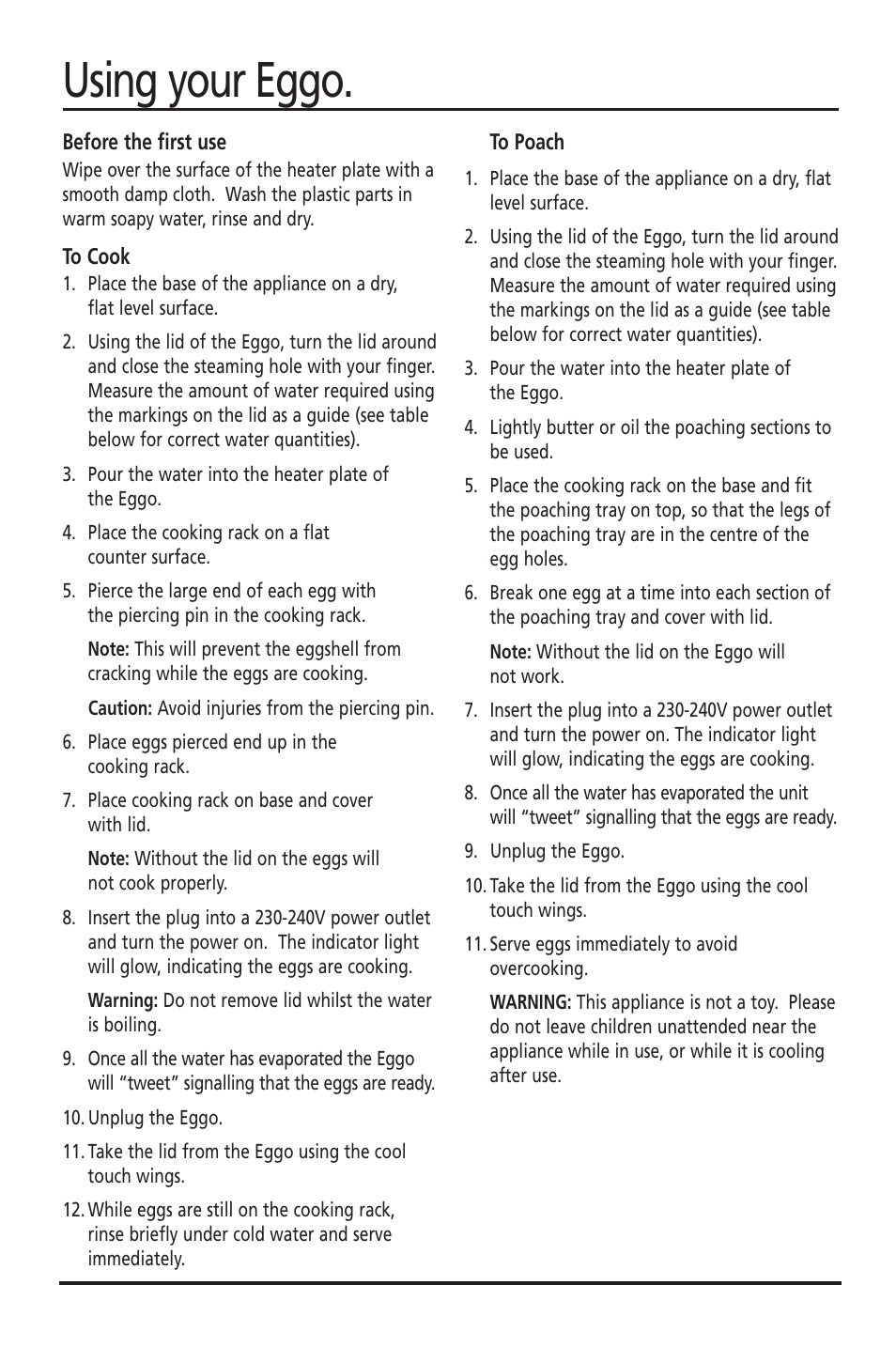 Using your eggo | Sunbeam EC1600 User Manual | Page 4 / 5