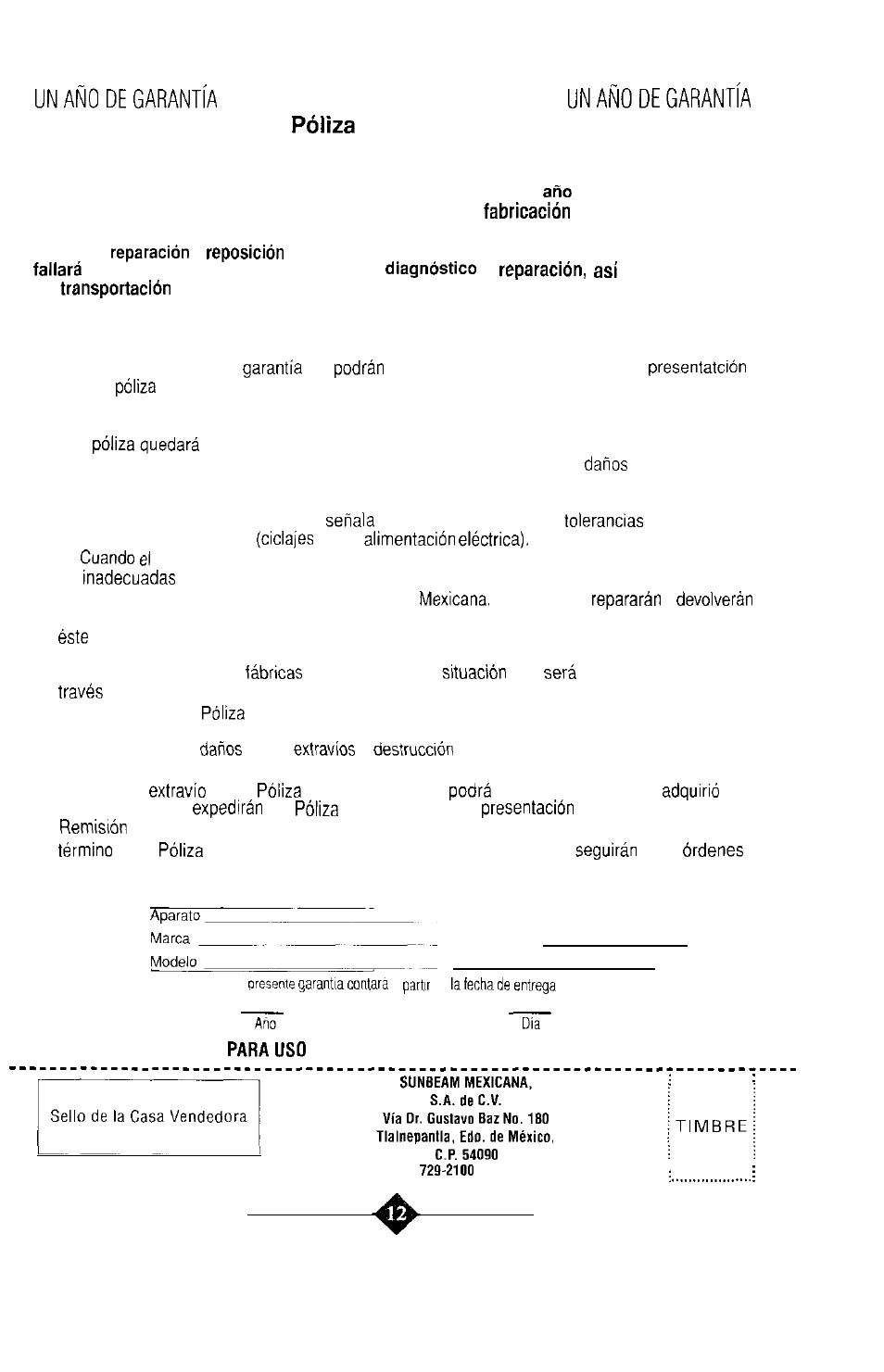 Para méxico solamente, Sunbeam mexicana s.a. de c.v, De garantia | Condiciones, Delpropietario delaparato | Sunbeam 3211 User Manual | Page 12 / 28