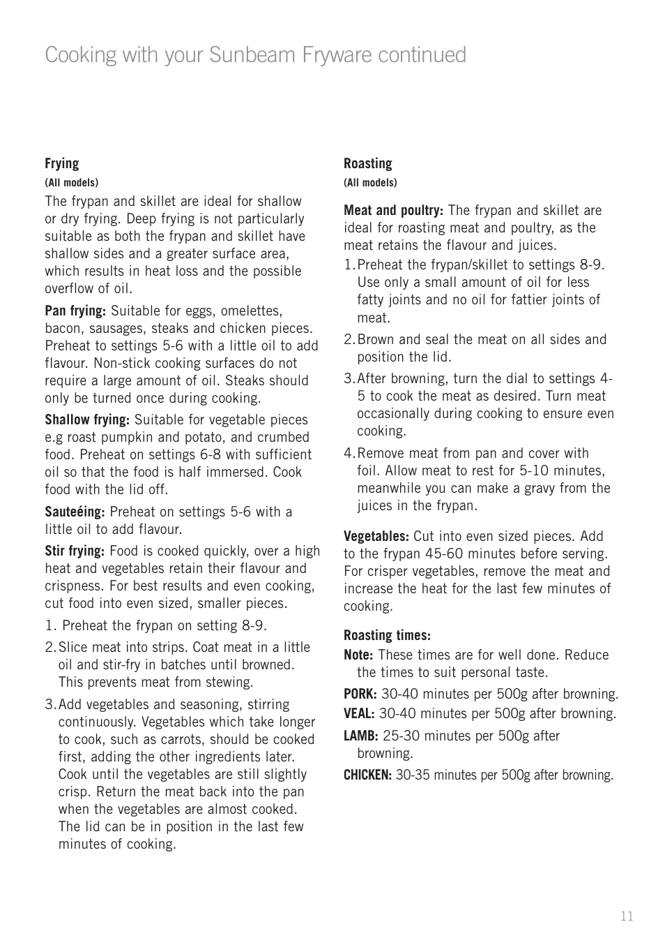 Cooking with your sunbeam fryware continued | Sunbeam PU5300 User Manual | Page 13 / 28