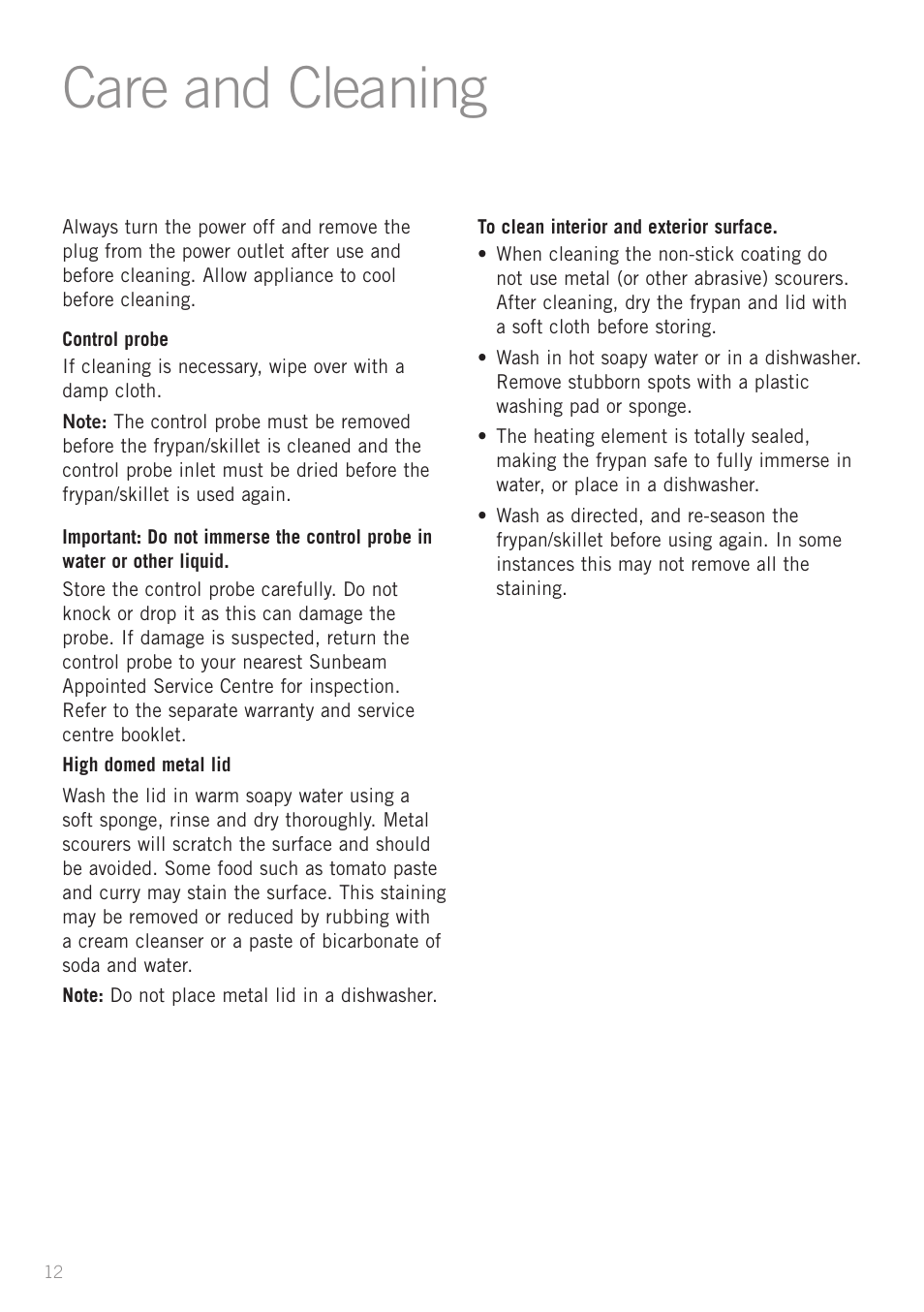 Care and cleaning | Sunbeam PU5300 User Manual | Page 14 / 28