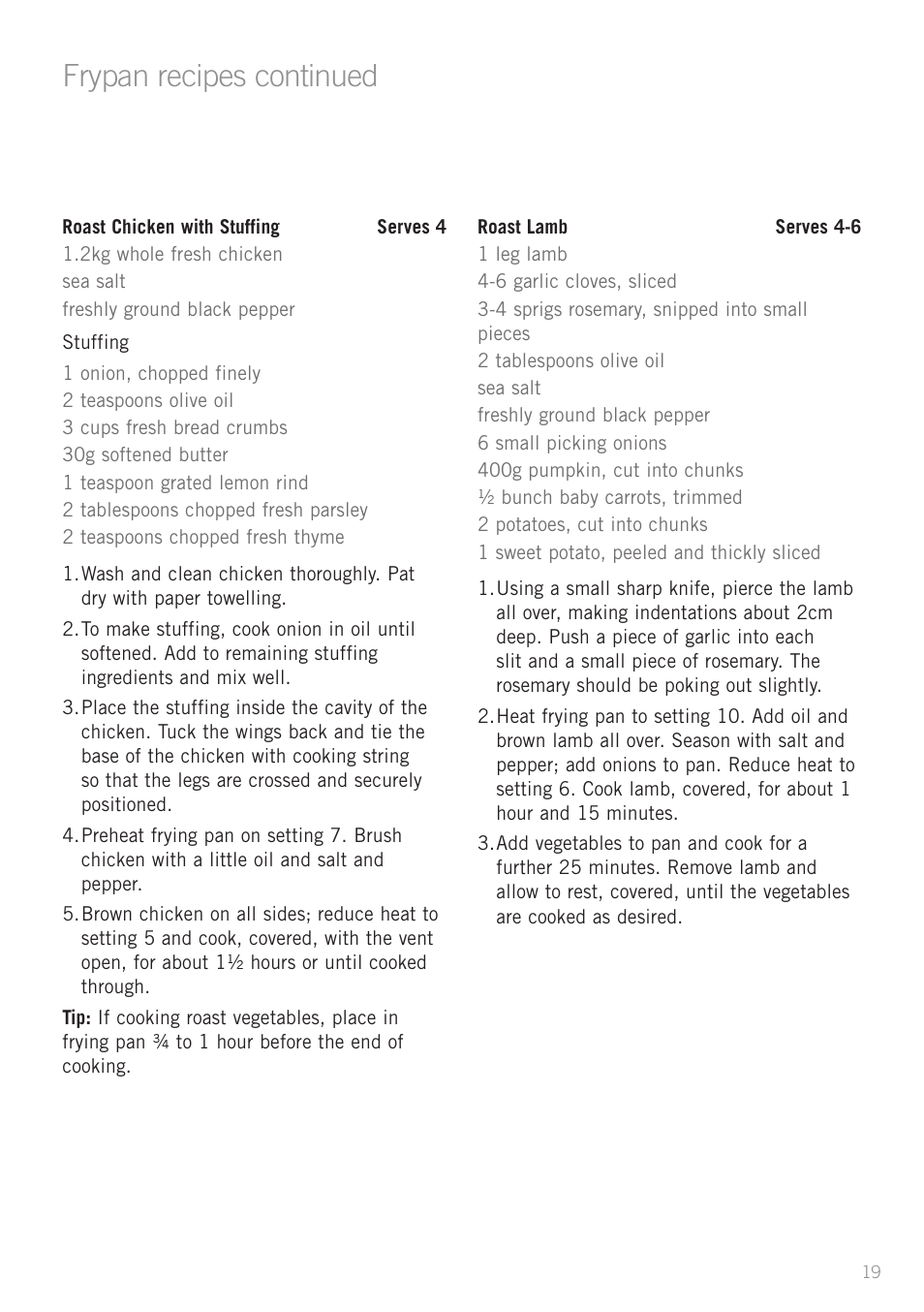 Heading, Frypan recipes continued | Sunbeam PU5300 User Manual | Page 21 / 28