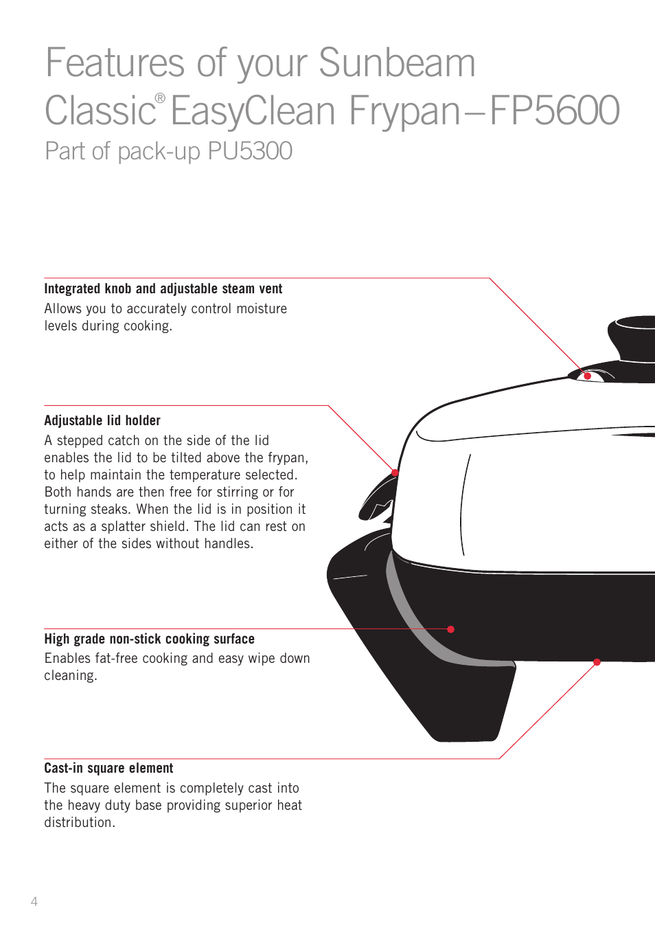 Heading, Features of your sunbeam classic, Easyclean frypan – fp5600 | Sunbeam PU5300 User Manual | Page 6 / 28