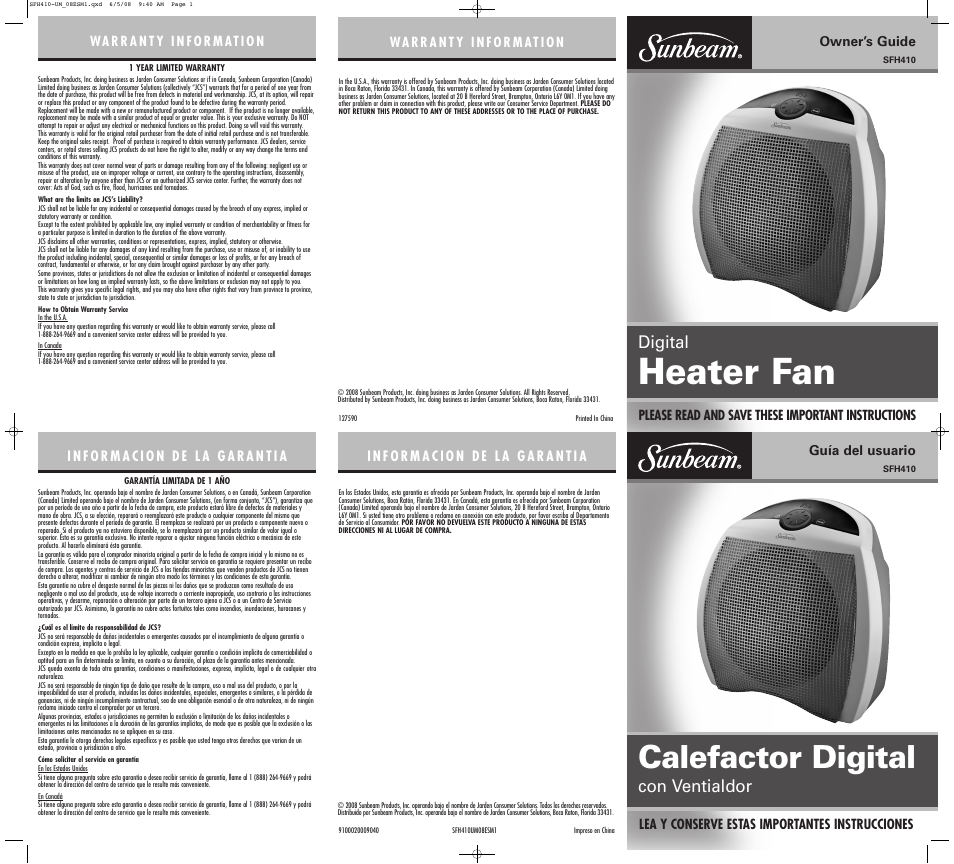 Sunbeam SFH410UM08ESM1 User Manual | 2 pages