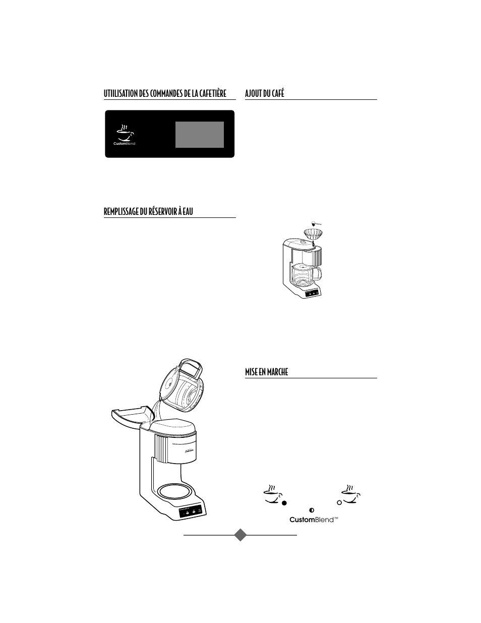 Utiilisation des commandes de la cafetière, Remplissage du réservoir à eau, Ajout du café | Mise en marche | Sunbeam 32863281 User Manual | Page 16 / 44