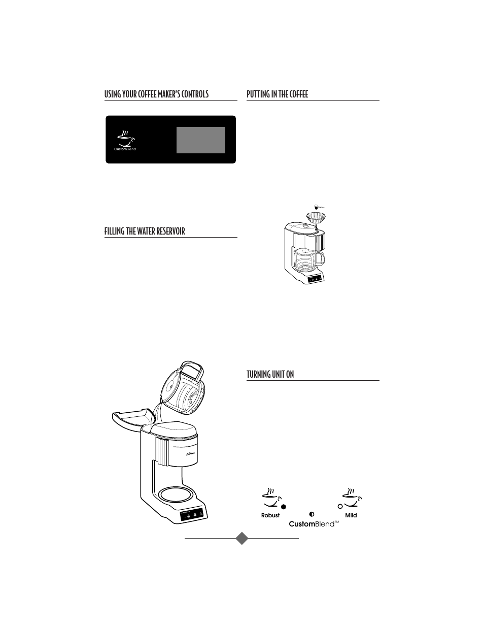 Using your coffee maker’s controls, Filling the water reservoir, Putting in the coffee | Turning unit on | Sunbeam 32863281 User Manual | Page 7 / 44