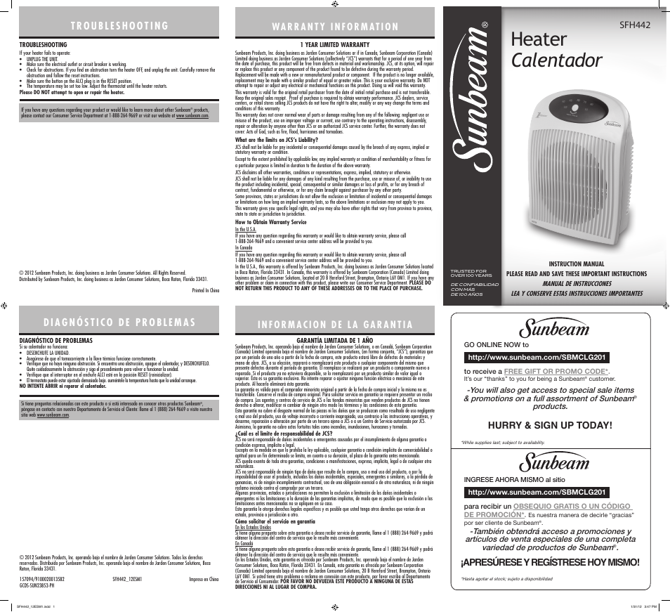 Sunbeam SFH442 User Manual | 2 pages