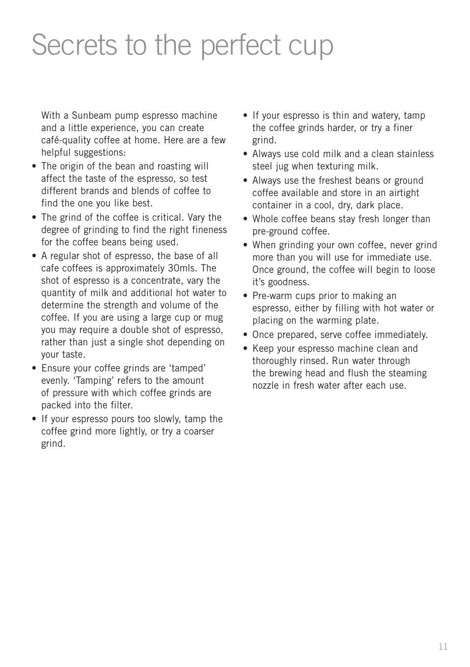 Secrets to the perfect cup | Sunbeam EM4800C User Manual | Page 13 / 32