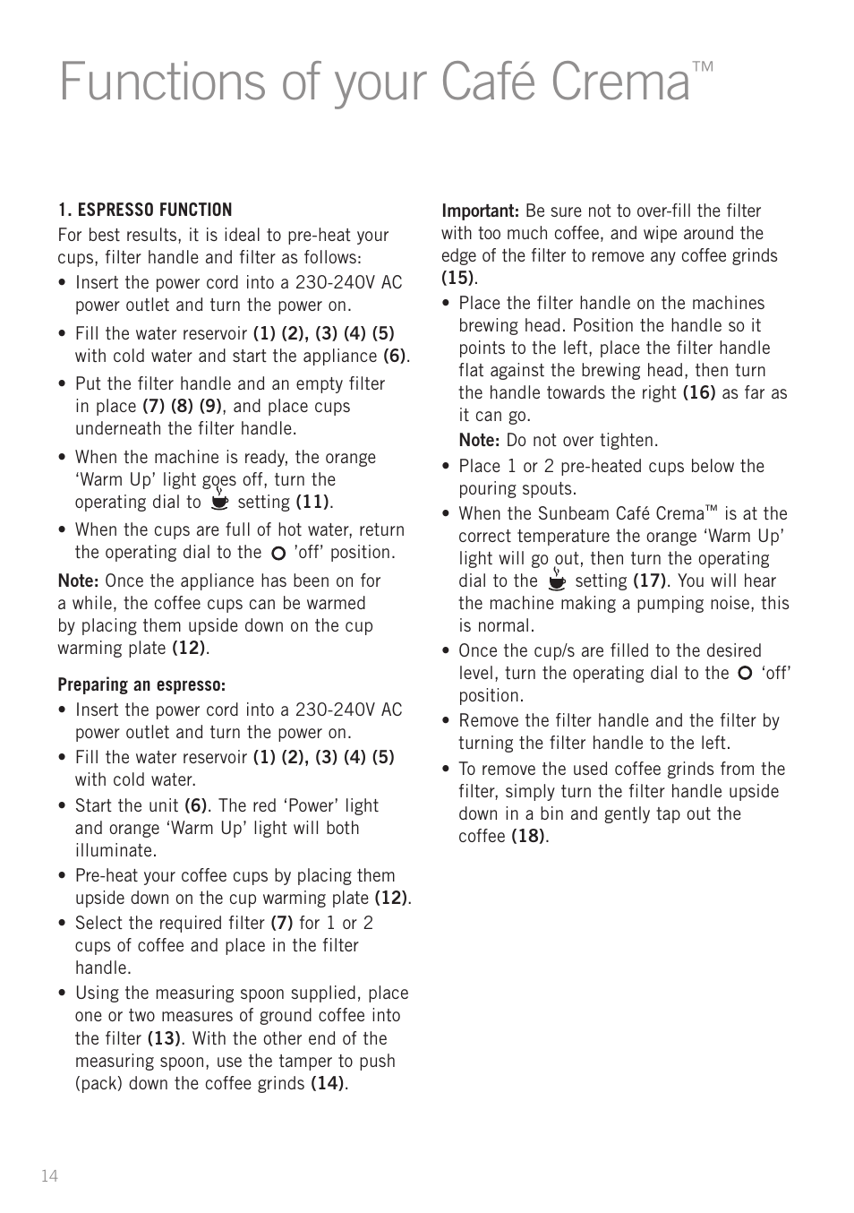 Functions of your café crema | Sunbeam EM4800C User Manual | Page 16 / 32