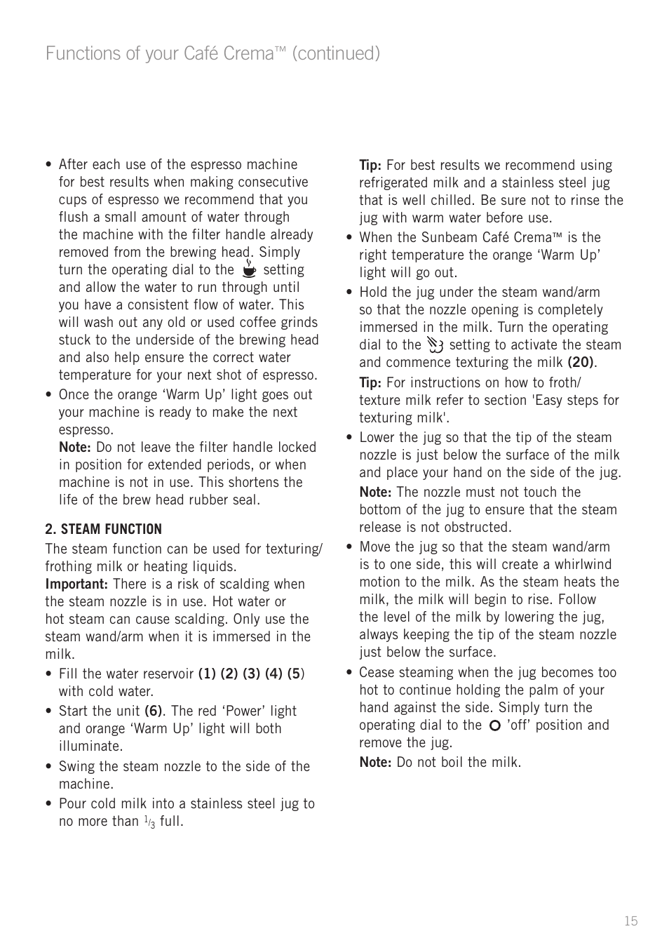 Functions of your café crema, Continued) | Sunbeam EM4800C User Manual | Page 17 / 32