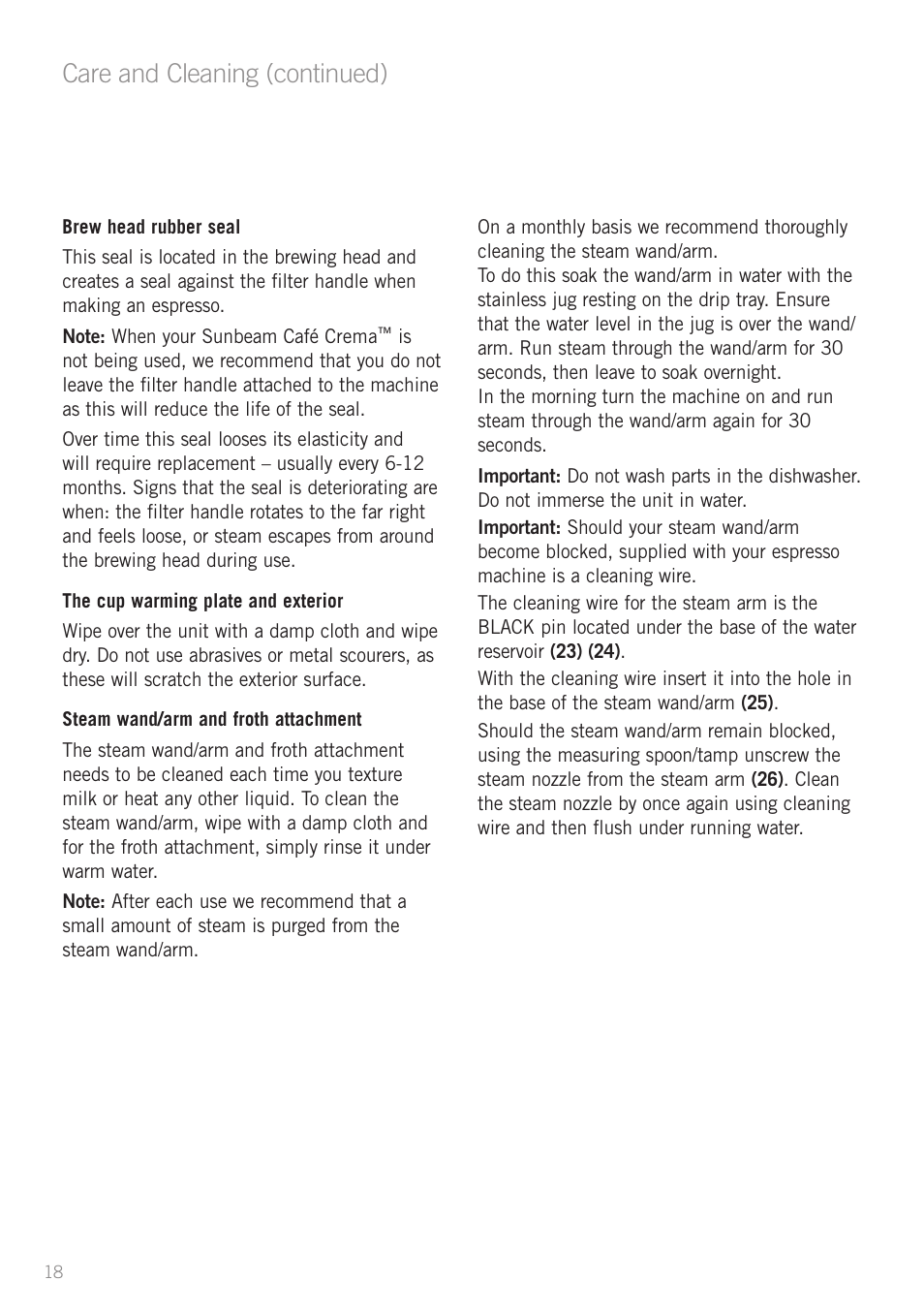 Care and cleaning (continued) | Sunbeam EM4800C User Manual | Page 20 / 32