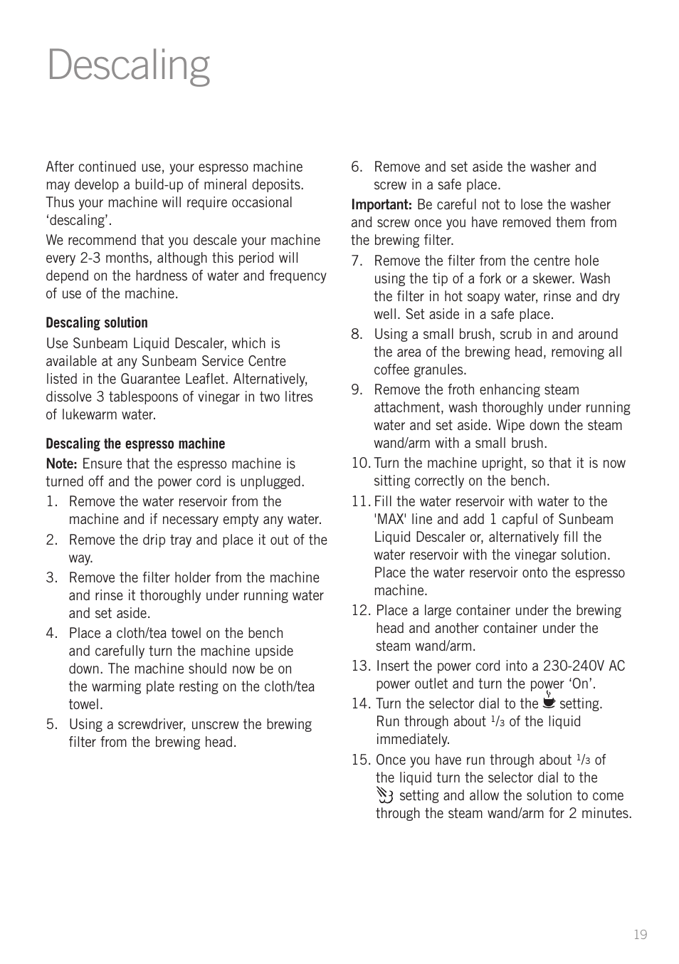 Descaling | Sunbeam EM4800C User Manual | Page 21 / 32