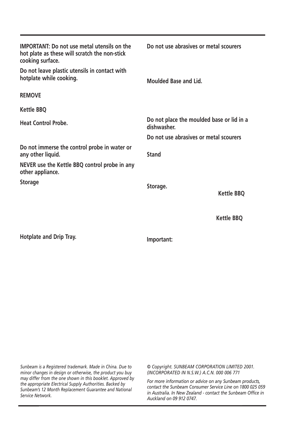 Care and cleaning | Sunbeam HG5400 User Manual | Page 7 / 16