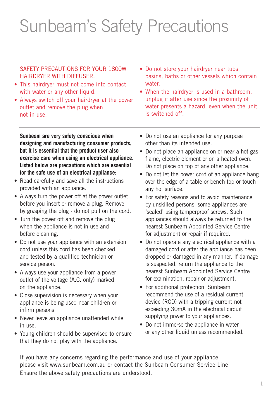 Sunbeam’s safety precautions | Sunbeam HD7800 User Manual | Page 3 / 9