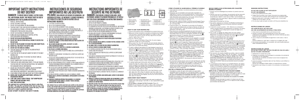 Important safety instructions do not destroy, Danger, Peligro | Sunbeam Microplush Heating Pad 137117 User Manual | Page 2 / 2