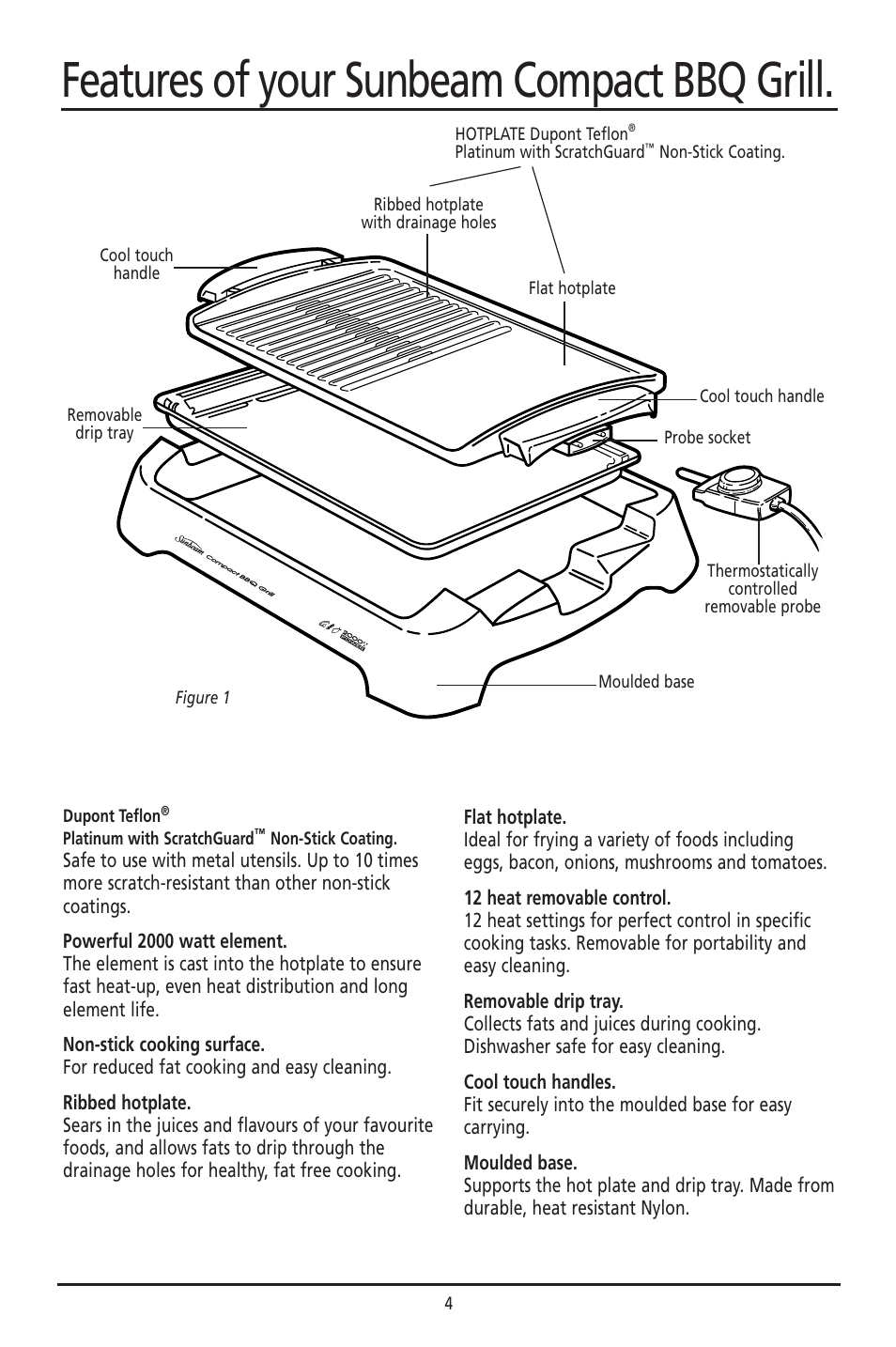 Features of your sunbeam compact bbq grill | Sunbeam HG030 User Manual | Page 4 / 16