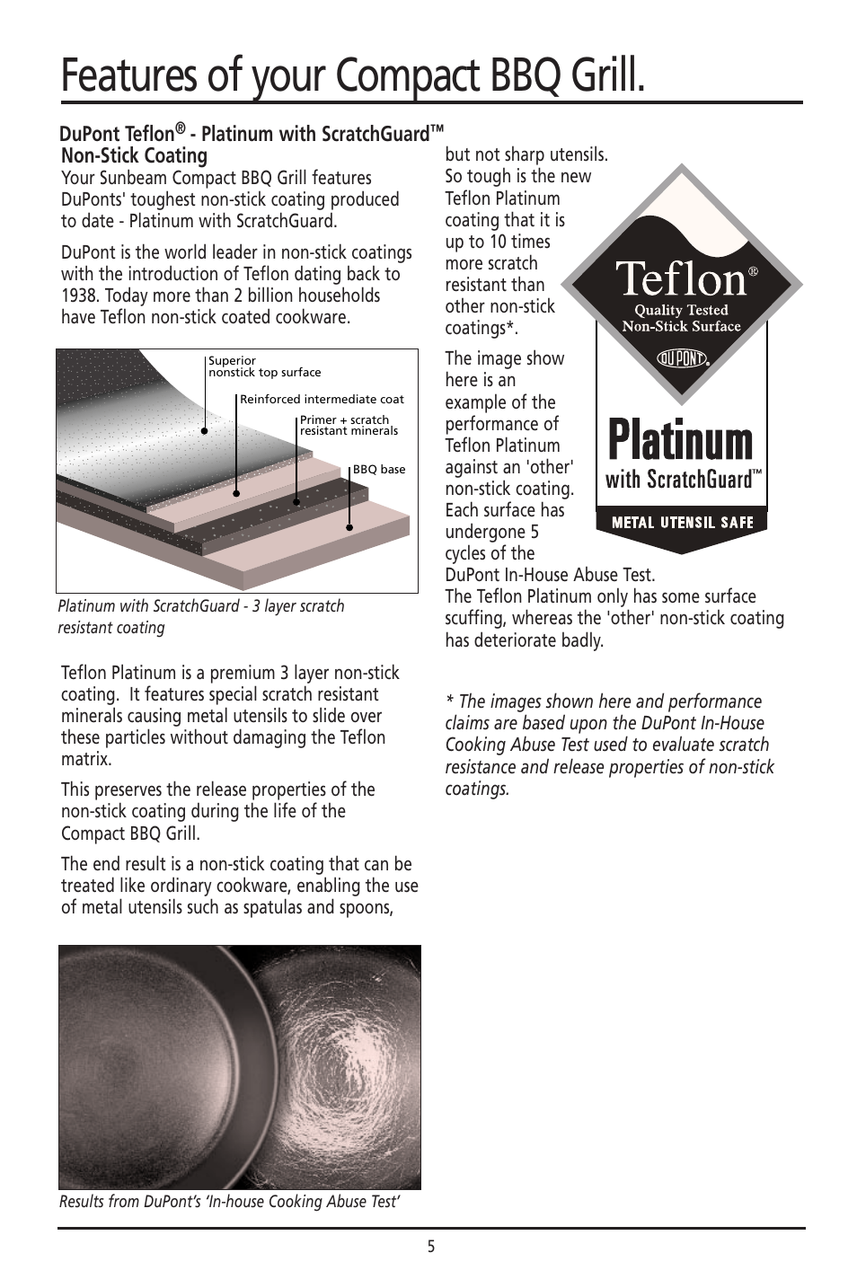 Features of your compact bbq grill, Non-stick coating, Dupont teflon | Platinum with scratchguard | Sunbeam HG030 User Manual | Page 5 / 16