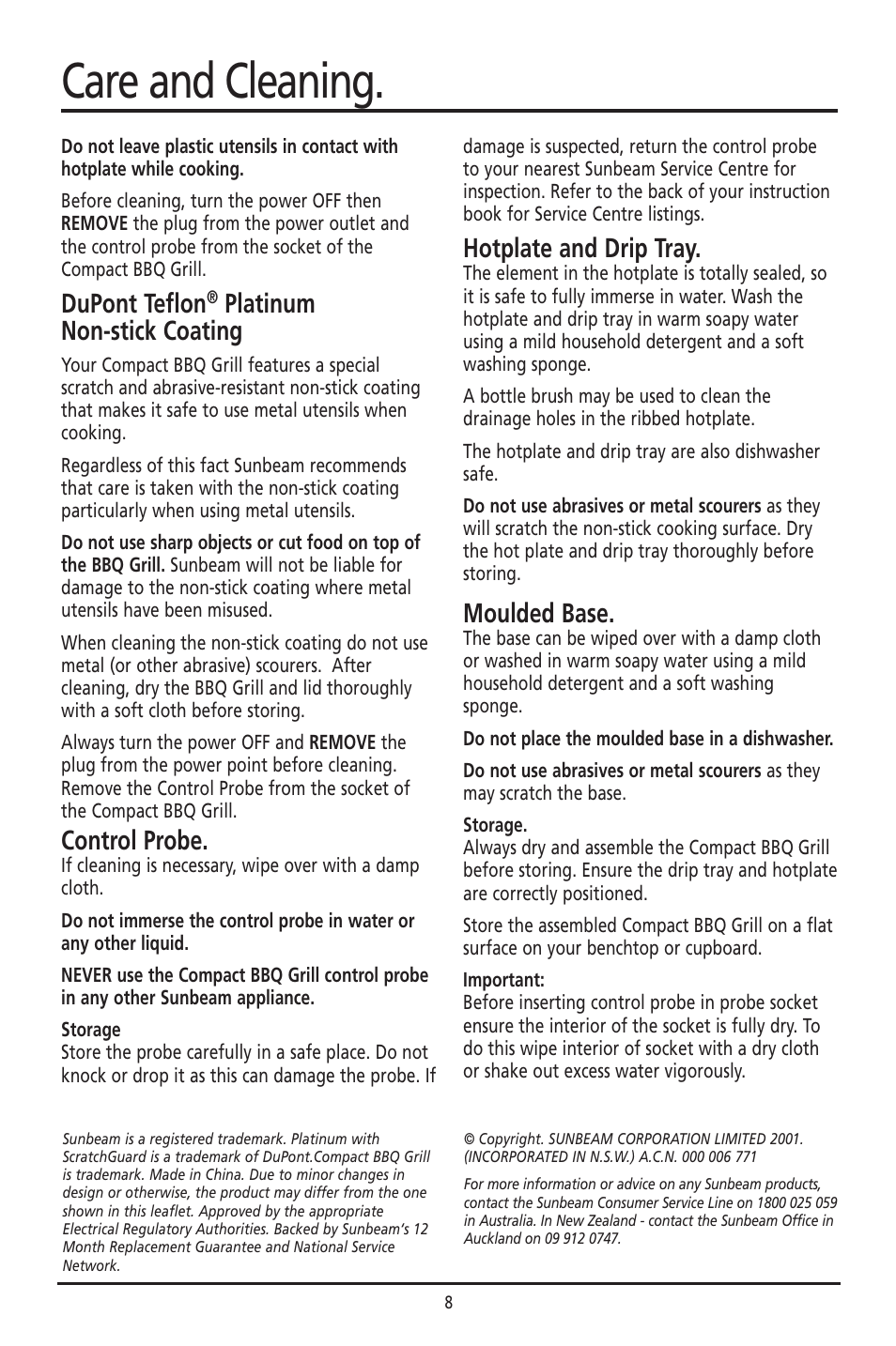 Care and cleaning, Dupont teflon, Platinum non-stick coating | Control probe, Hotplate and drip tray, Moulded base | Sunbeam HG030 User Manual | Page 8 / 16