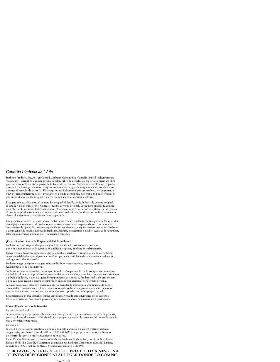 Garantía limitada de 1 año | Sunbeam KJX17CL User Manual | Page 15 / 24