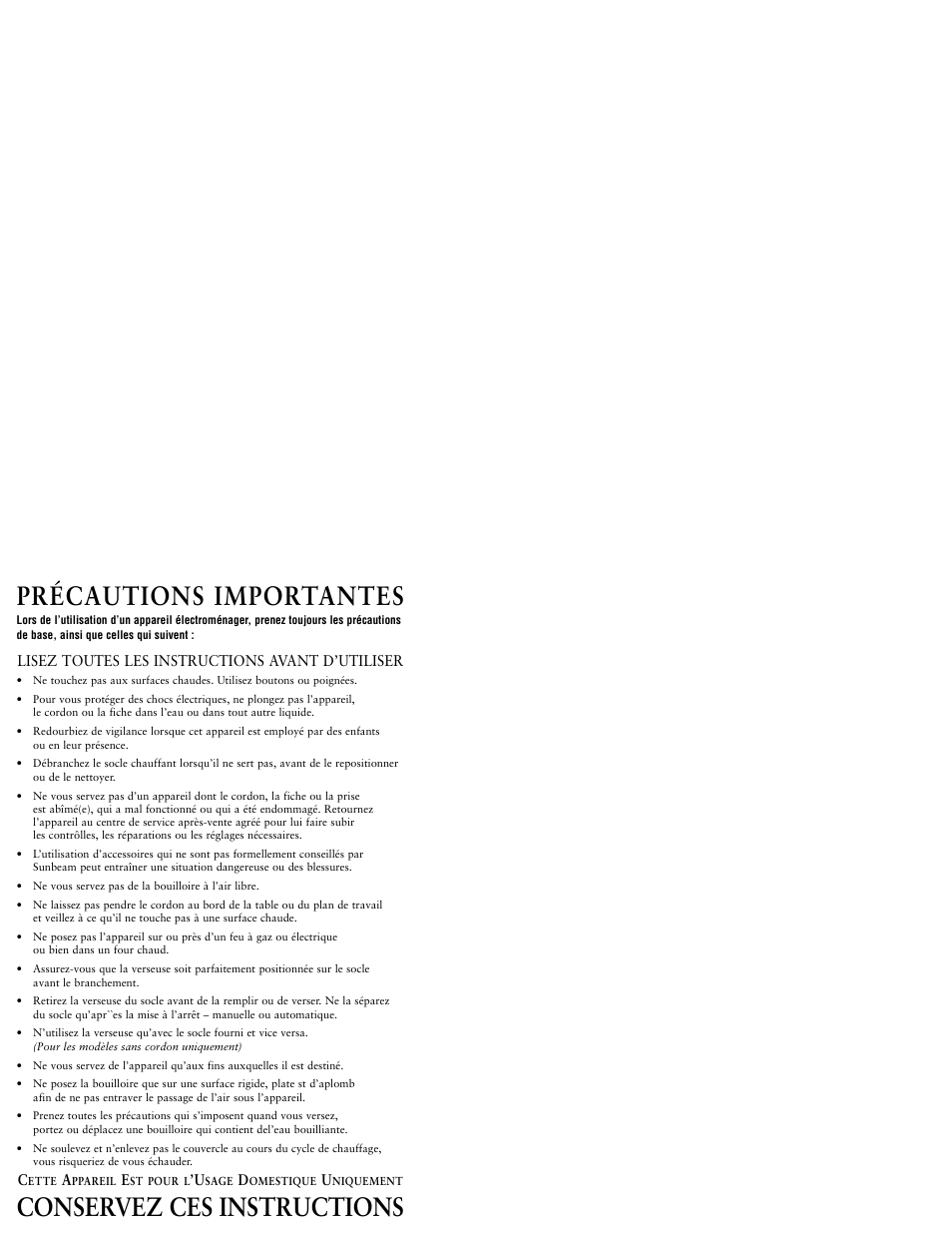 Précautions importantes, Conservez ces instructions | Sunbeam KJX17CL User Manual | Page 16 / 24