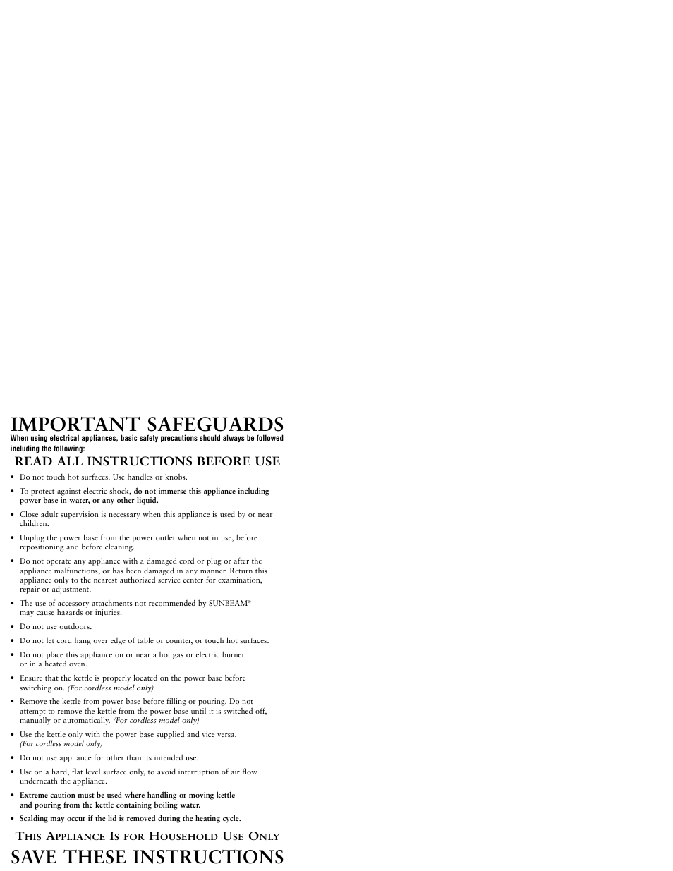 Important safeguards, Save these instructions, Read all instructions before use | Sunbeam KJX17CL User Manual | Page 2 / 24