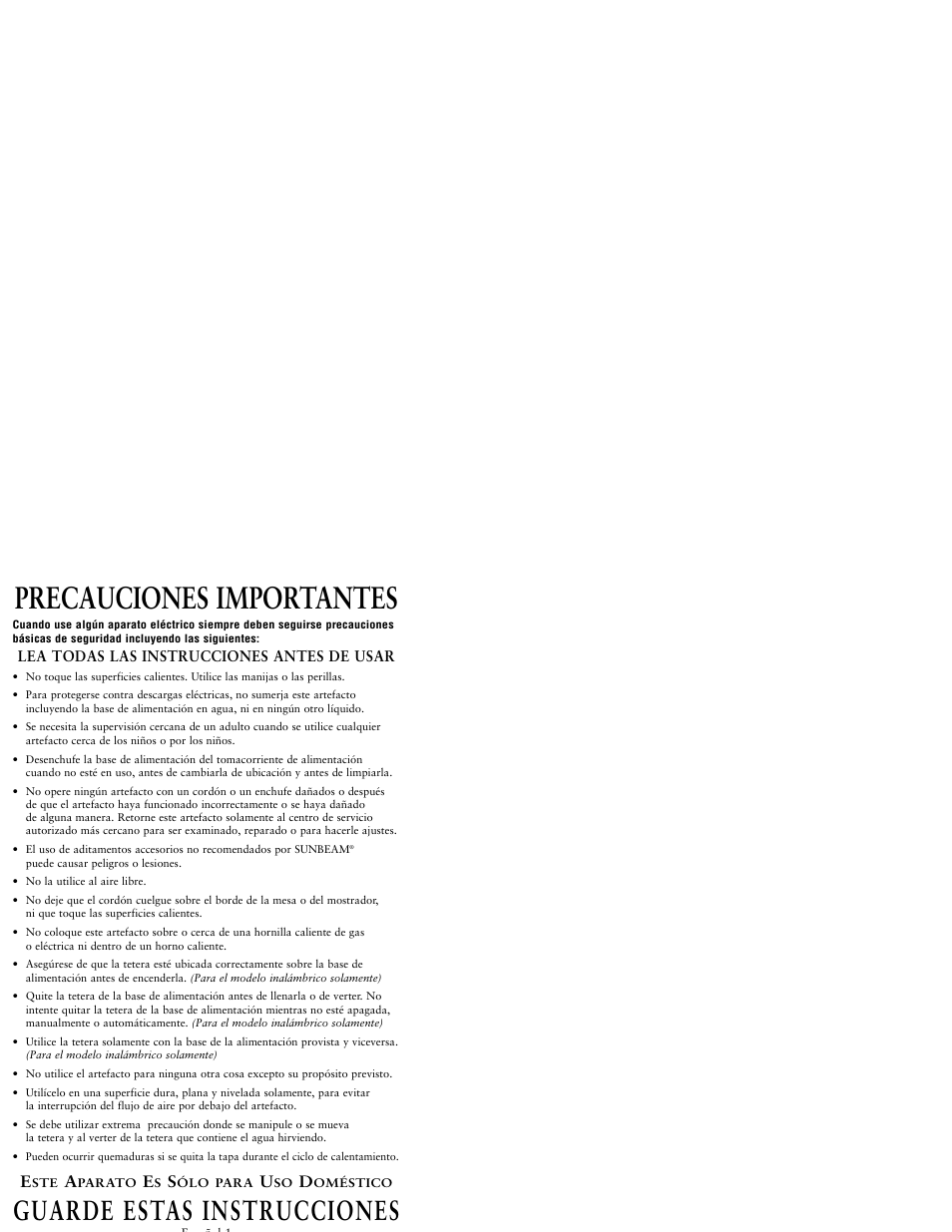 Precauciones importantes, Guarde estas instrucciones | Sunbeam KJX17CL User Manual | Page 9 / 24