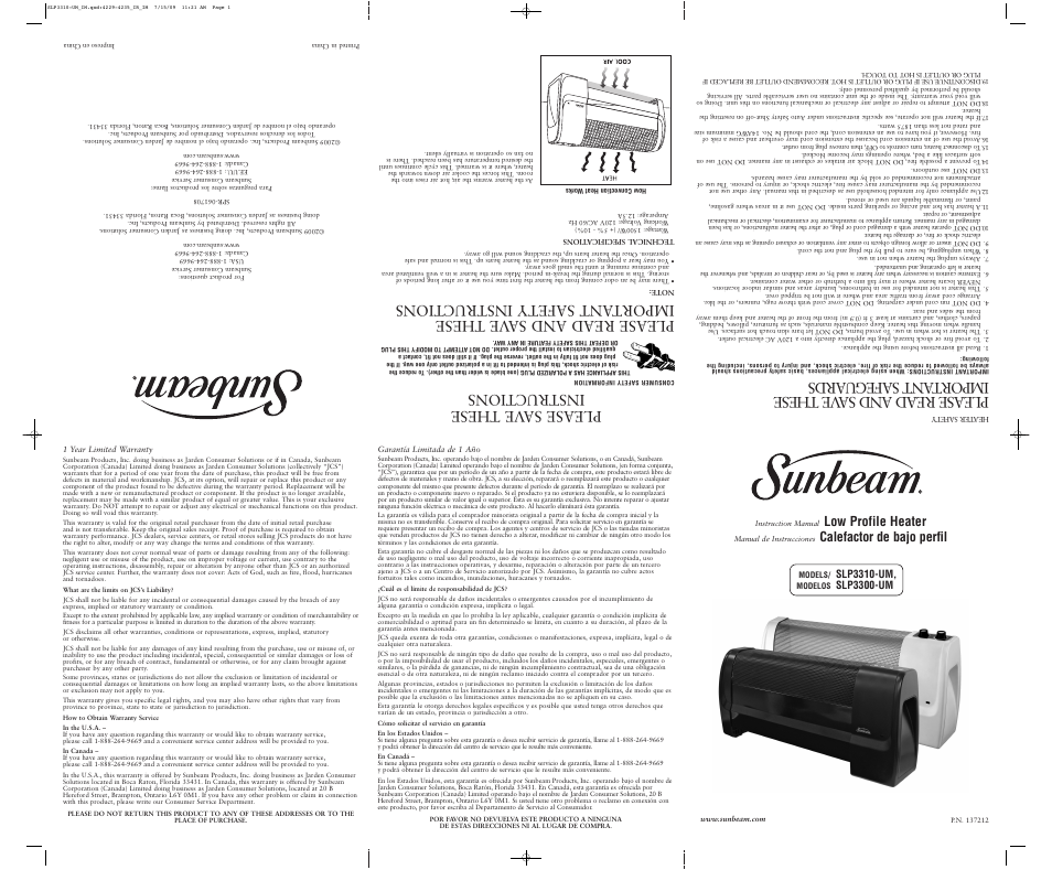 Sunbeam sunleam low profile heater slp3310 User Manual | 2 pages