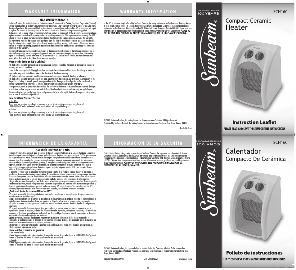 Sunbeam Compact Ceramic Heater SCH160 User Manual | 2 pages