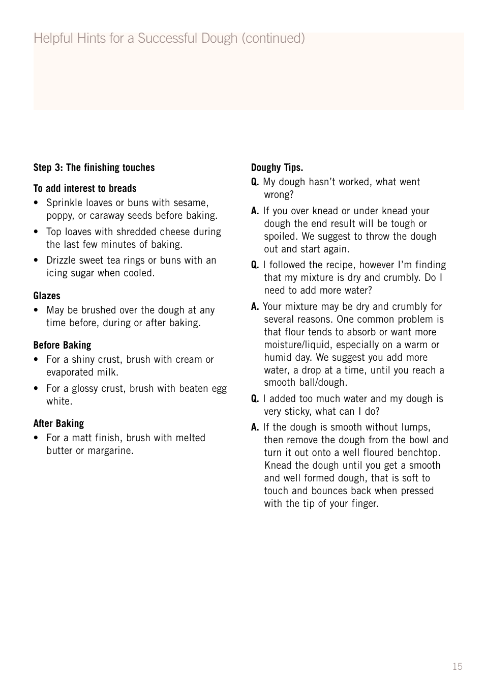 Helpful hints for a successful dough (continued) | Sunbeam MX5950 User Manual | Page 17 / 39