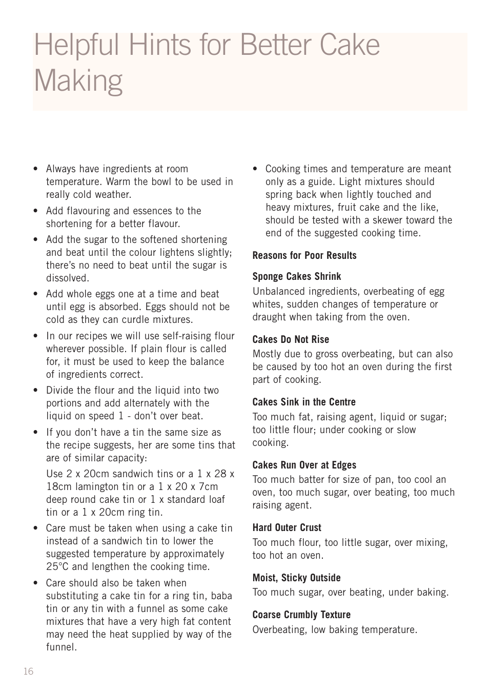 Helpful hints for better cake making | Sunbeam MX5950 User Manual | Page 18 / 39