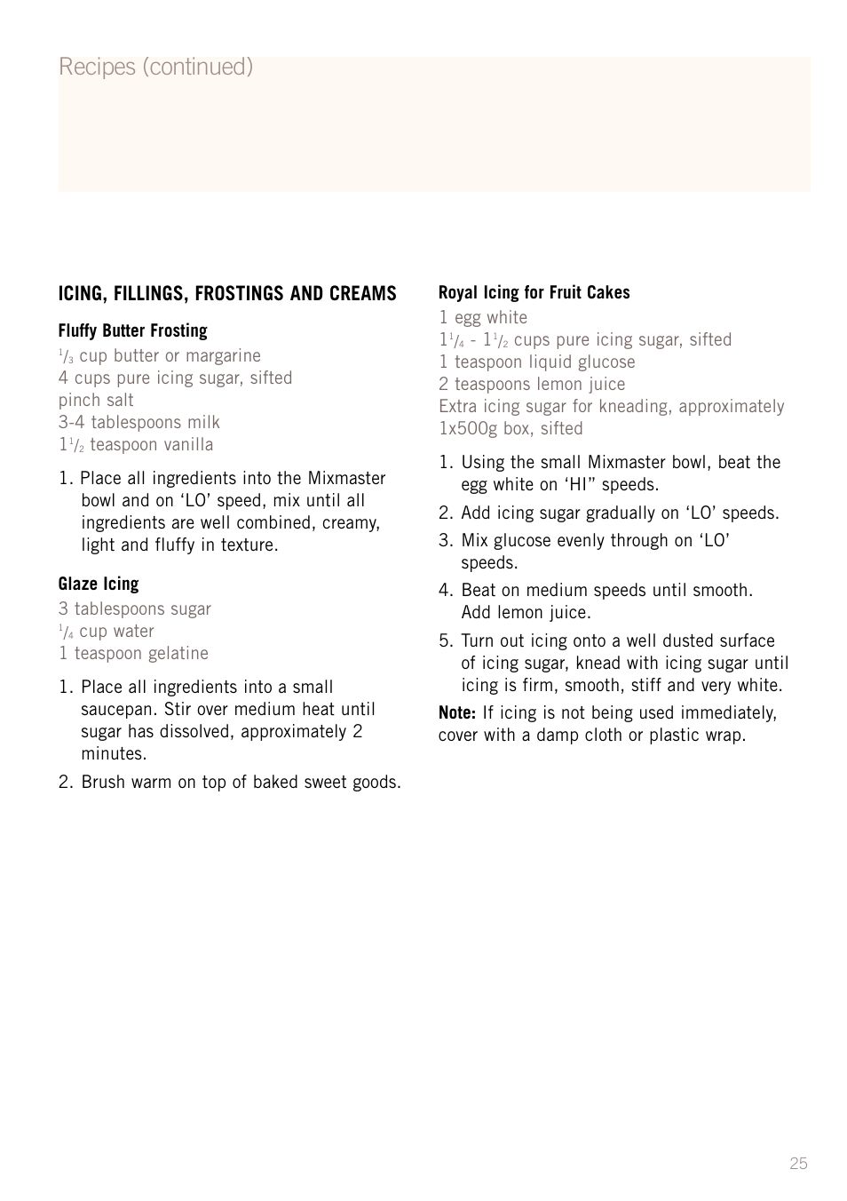 Recipes (continued), Icing, fillings, frostings and creams | Sunbeam MX5950 User Manual | Page 27 / 39