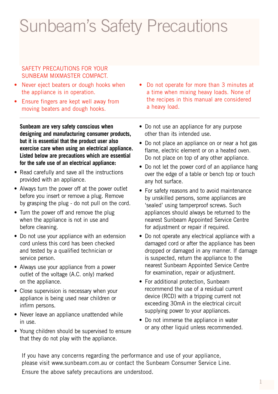 Sunbeam’s safety precautions | Sunbeam MX5950 User Manual | Page 3 / 39