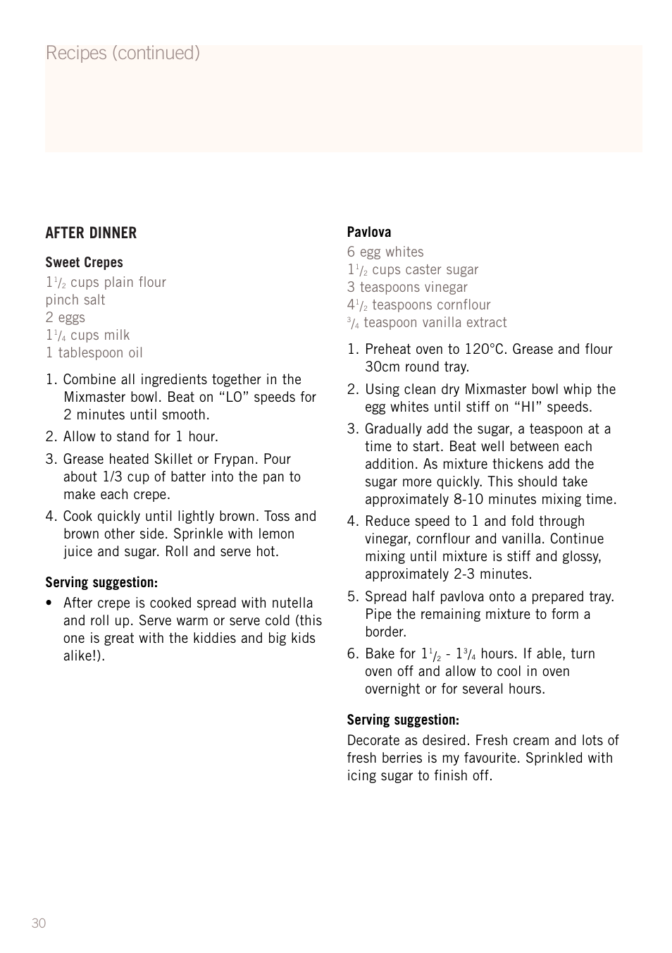 Recipes (continued), After dinner | Sunbeam MX5950 User Manual | Page 32 / 39