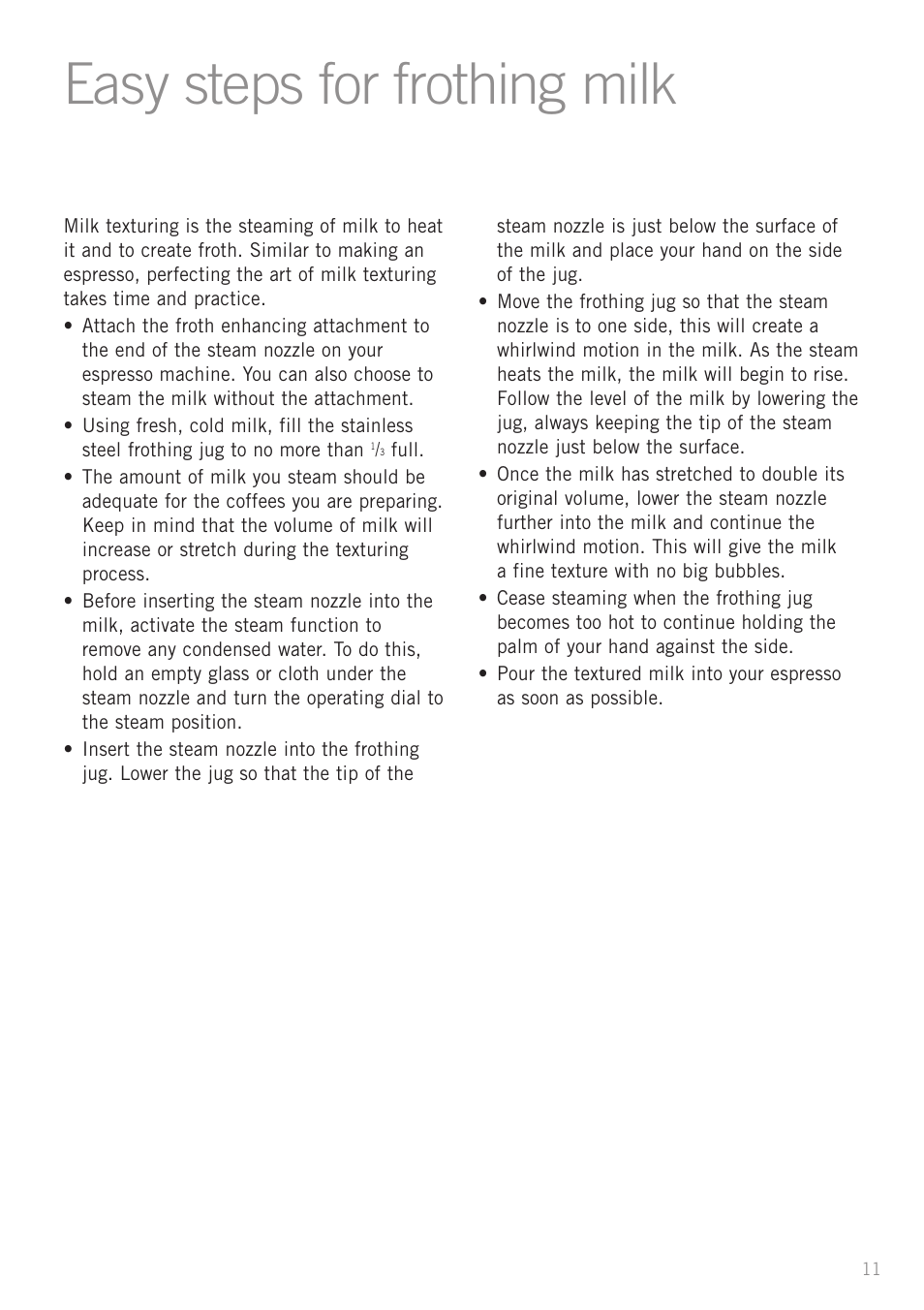Easy steps for frothing milk | Sunbeam EM3500S User Manual | Page 13 / 28