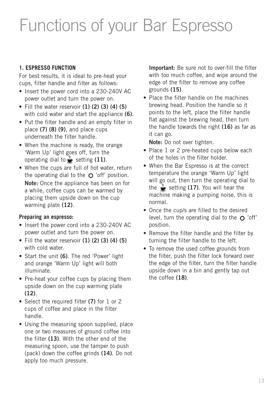Functions of your bar espresso | Sunbeam EM3500S User Manual | Page 15 / 28