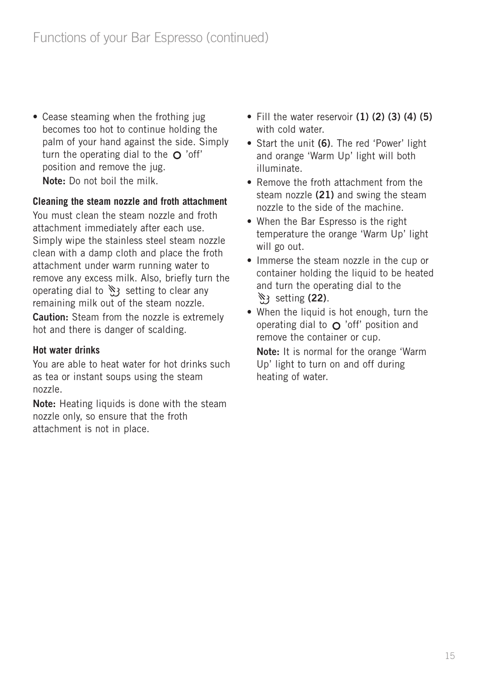 Functions of your bar espresso (continued) | Sunbeam EM3500S User Manual | Page 17 / 28